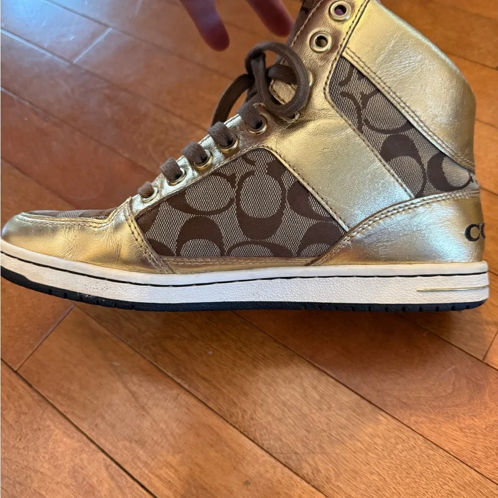 Coach Metallic Gold and Brown High-Top Sneakers - Picture 11 of 16